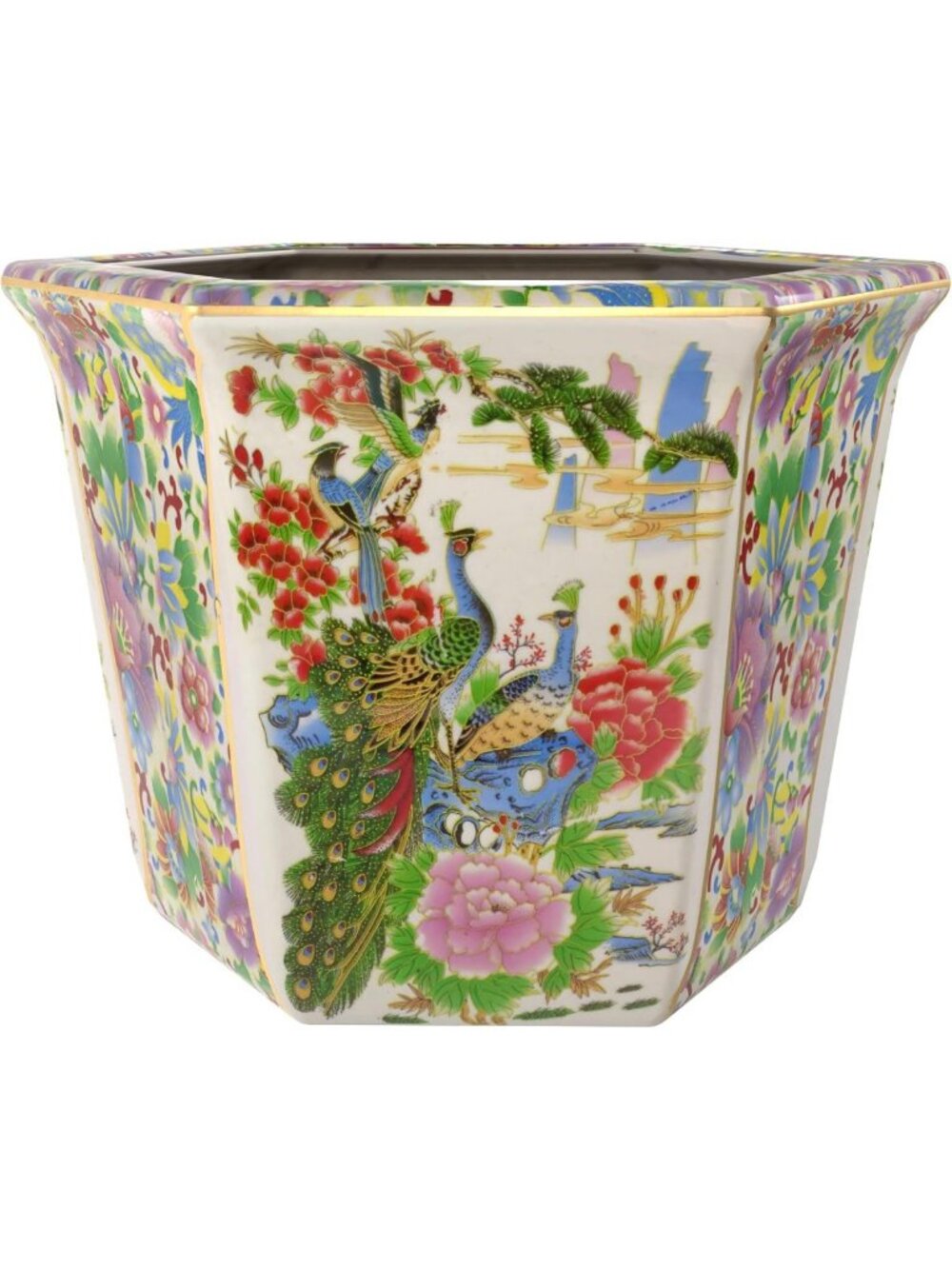 10” Decorative Porcelain Flower Pot with Satsuma Birds & Floral Design